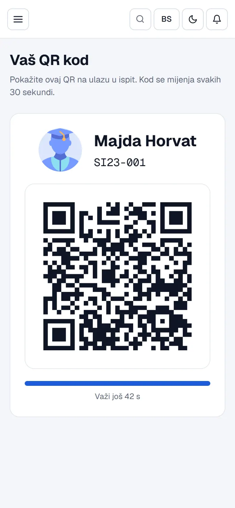 Lični QR kod studenta na telefonu
