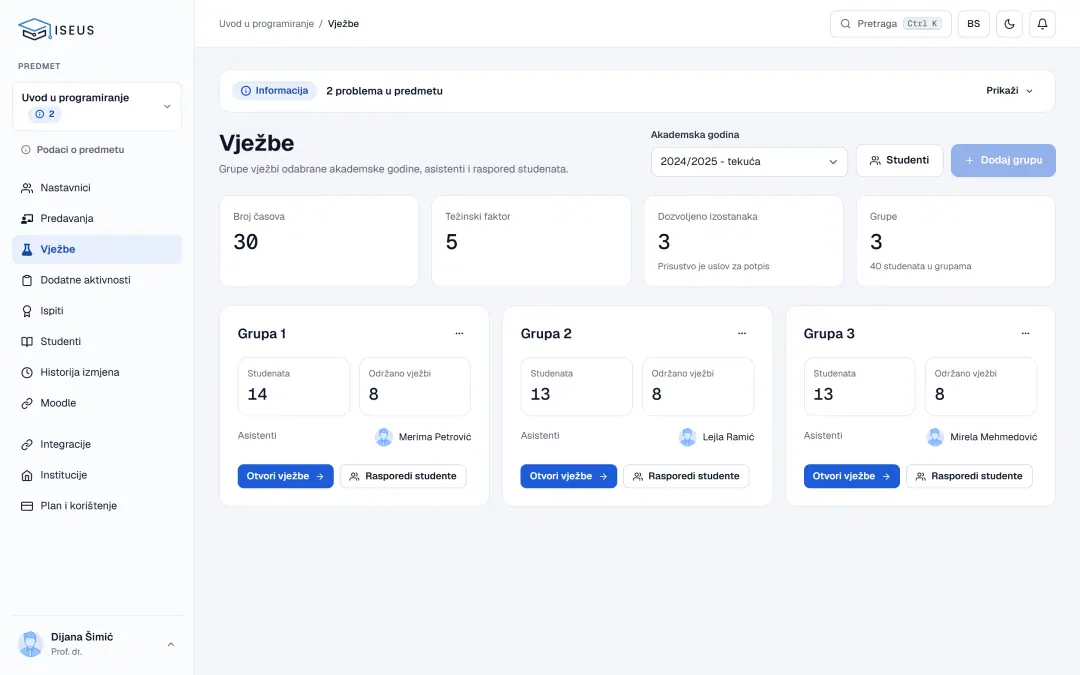 Grupe za vježbe s brojem studenata, održanih vježbi i dodijeljenim asistentom