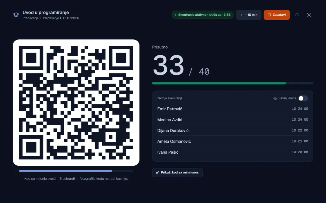 QR kod predavanja preko cijelog ekrana dok je skeniranje uključeno