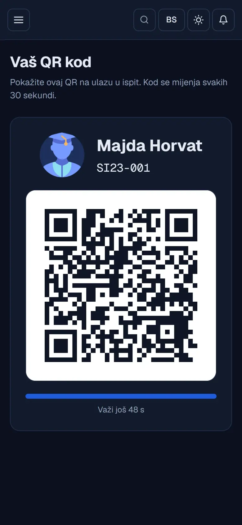 Lični QR kod studenta na telefonu