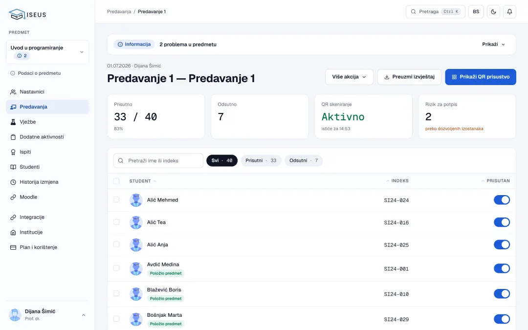 Lista prisustva na predavanju sa označenim studentima i studentima kojima je potpis ugrožen