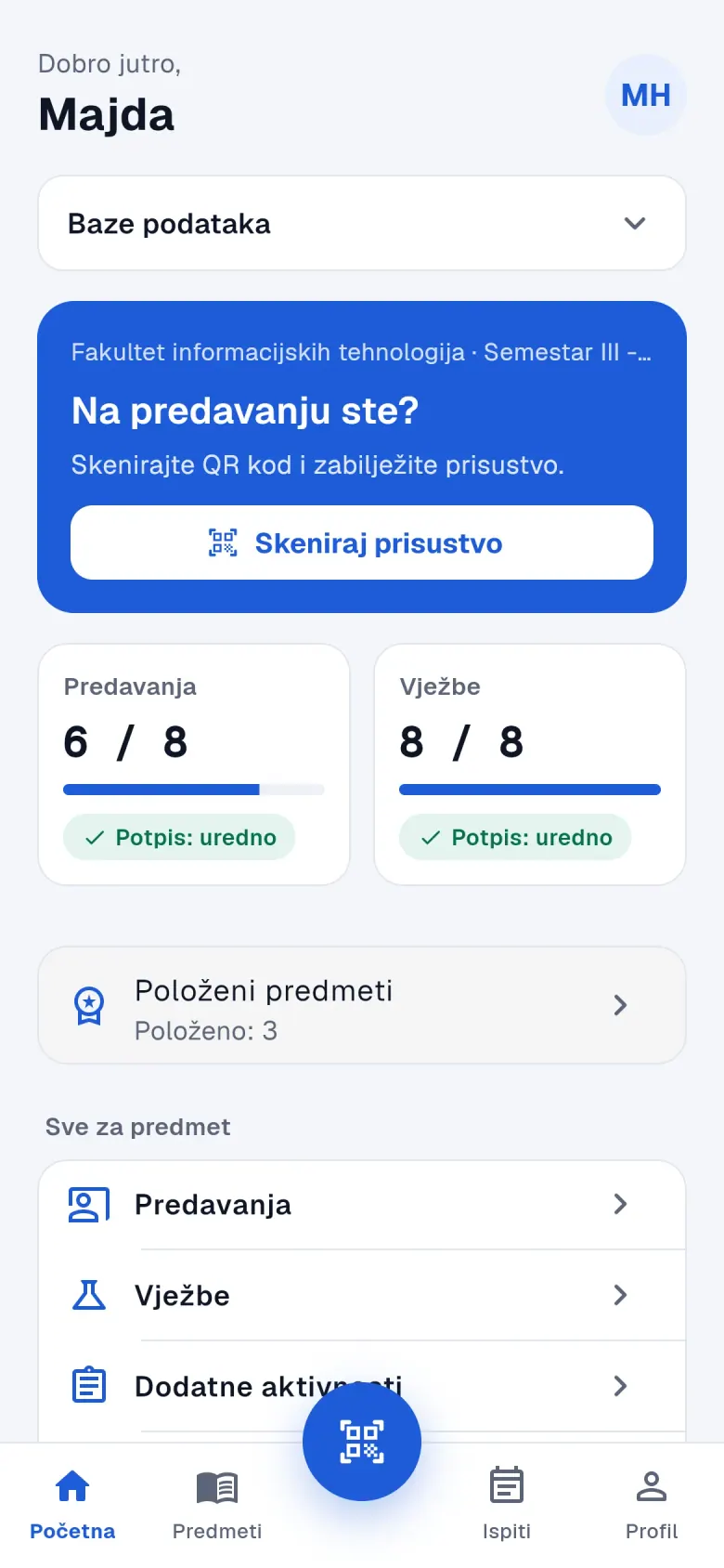 Početni ekran studentske aplikacije s odabranim predmetom