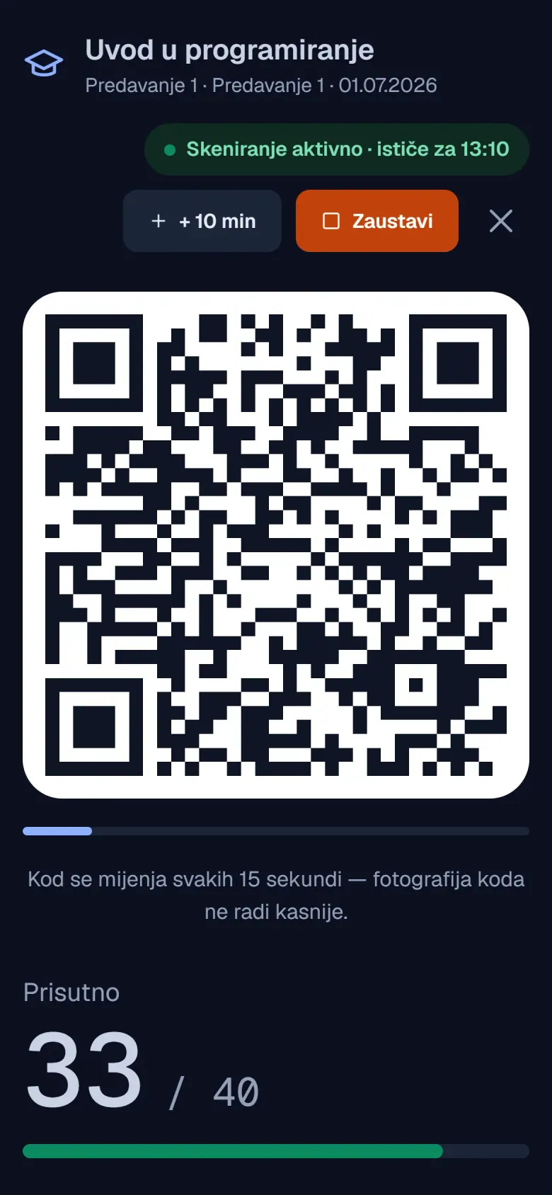 QR kod za prisustvo preko cijelog ekrana telefona